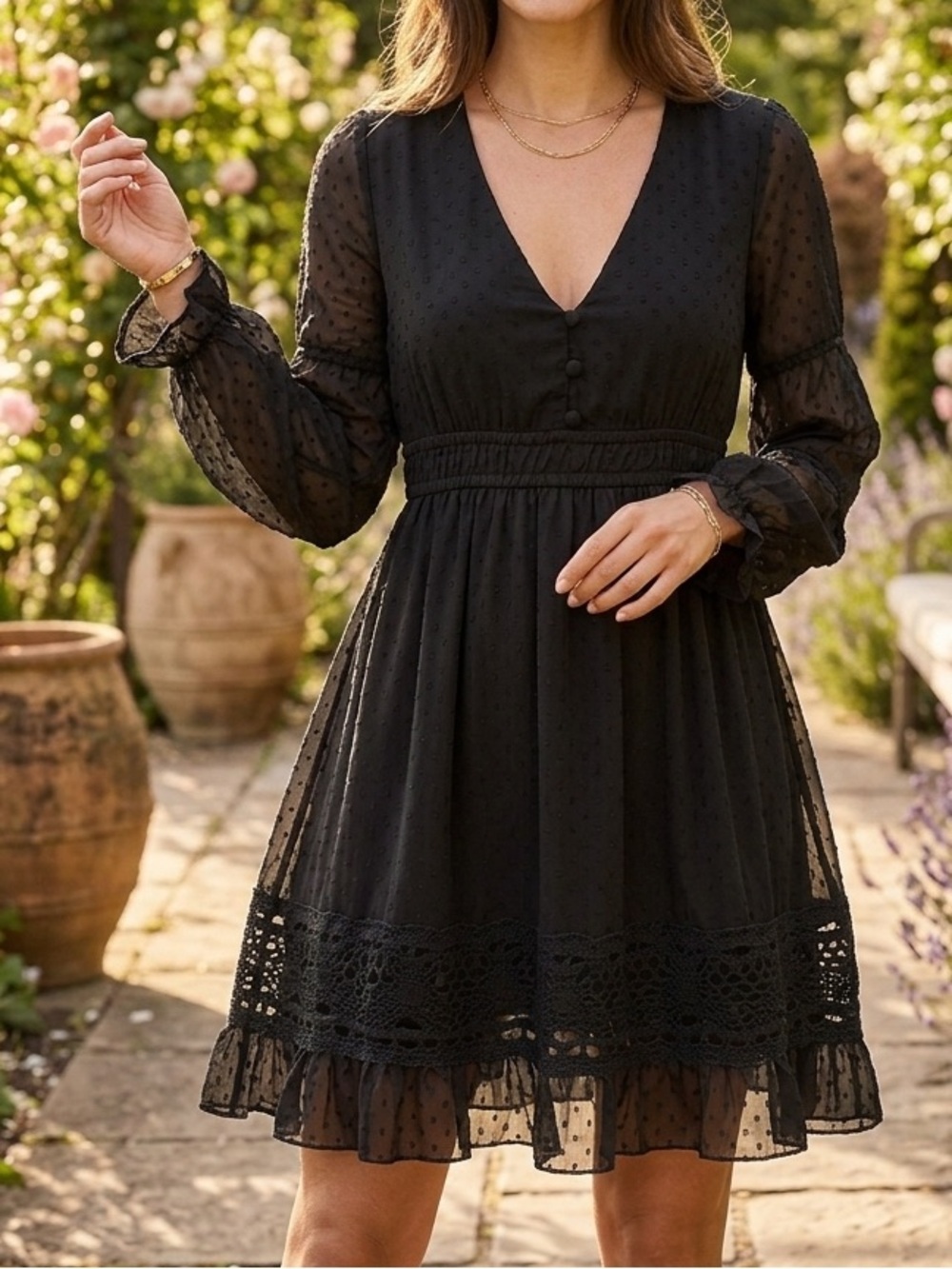 Frille Rose Black Long-Sleeve V-Neck Swiss Dot A-Line Dress